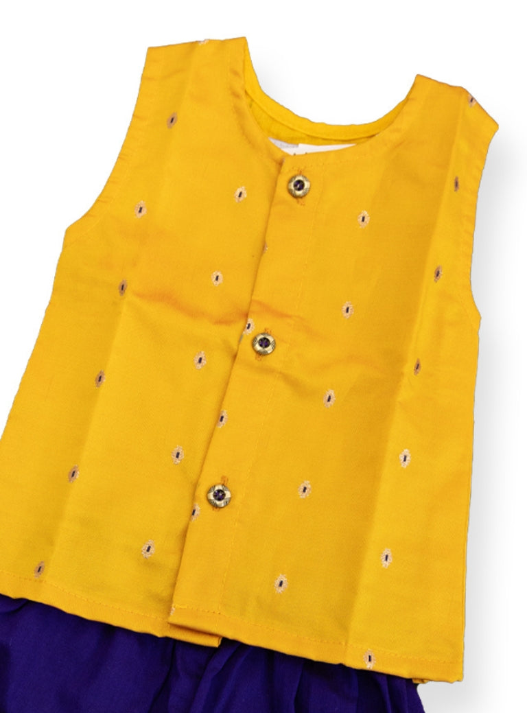 Daksh Baby Boy Yellow Brocade Silk Vest & Blue Pants Set