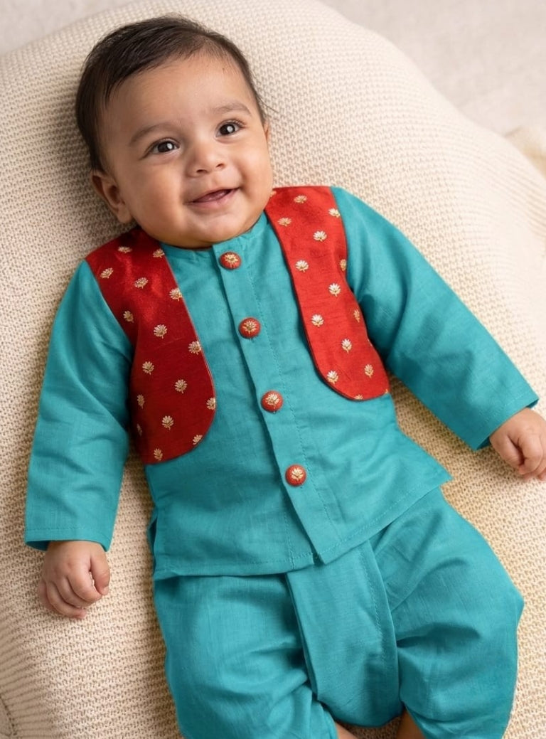 Sarthak Baby Boy Teal Silk Dhoti Kurta Brocade Jacket Set