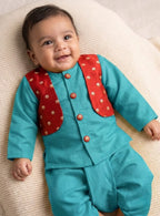 Sarthak Baby Boy Teal Silk Dhoti Kurta Brocade Jacket Set