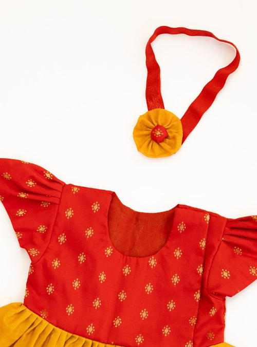 Anaya Set - Red brocade with Mustered Yellow malai silk front open flared newborn baby girl frock
