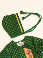 Kiran Set- Dark Green Brocade Silk Jhabla Bonnet & Bloomer