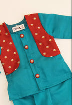 Sarthak Baby Boy Teal Silk Dhoti Kurta Brocade Jacket Set