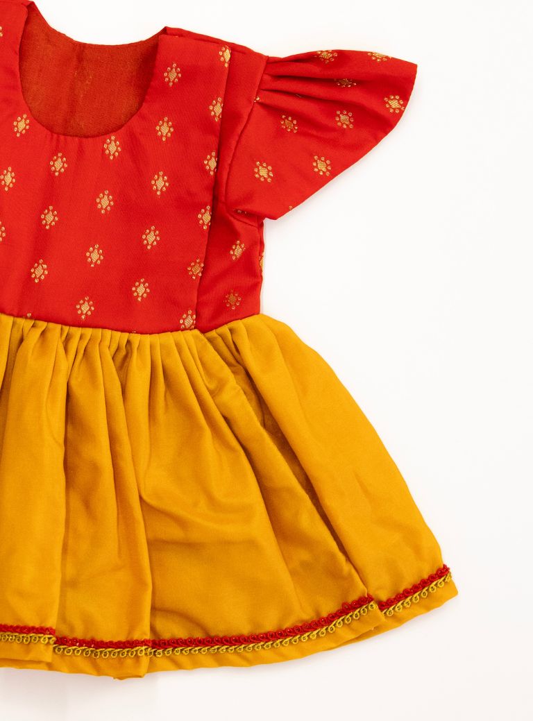 Anaya Set - Red brocade with Mustered Yellow malai silk front open flared newborn baby girl frock