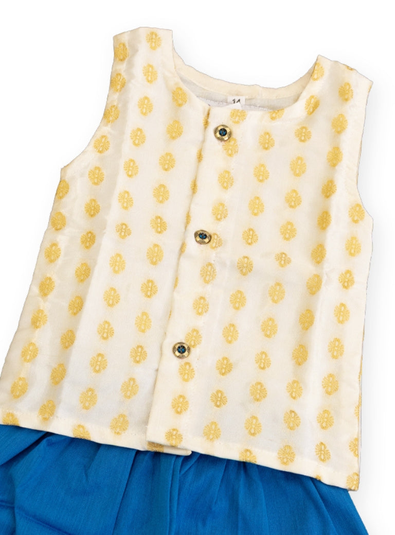 Daksh Set - Ivory brocade silk sleeveless vest with a blue cotton silk elastic waist short pants for newborn boy