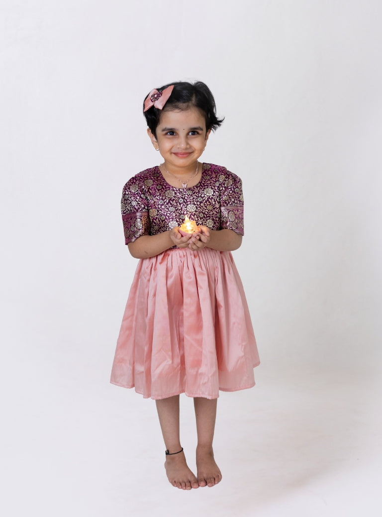 Plum coloured Banaras silk brocade bodice with blushing peach taffeta flare for Girls