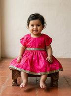 premium silk brocade paithani ethnic frock for newborn baby girl naming ceremony with hair accessories for traditional celebrations, festivals, annaprashan etc