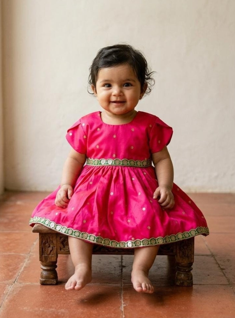 premium silk brocade paithani ethnic frock for newborn baby girl naming ceremony with hair accessories for traditional celebrations, festivals, annaprashan etc