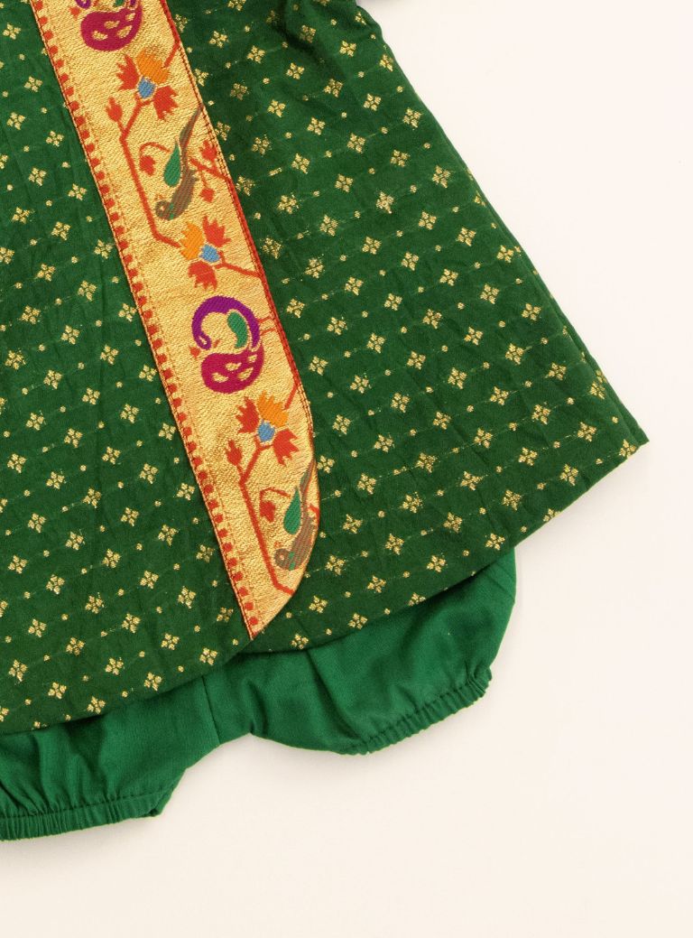 Kiran Set - Dark Green Soft Brocade Silk front open Unisex Jhabala with intricate peacock paithani border teamed with matching bloomer and bonnet for newborn baby