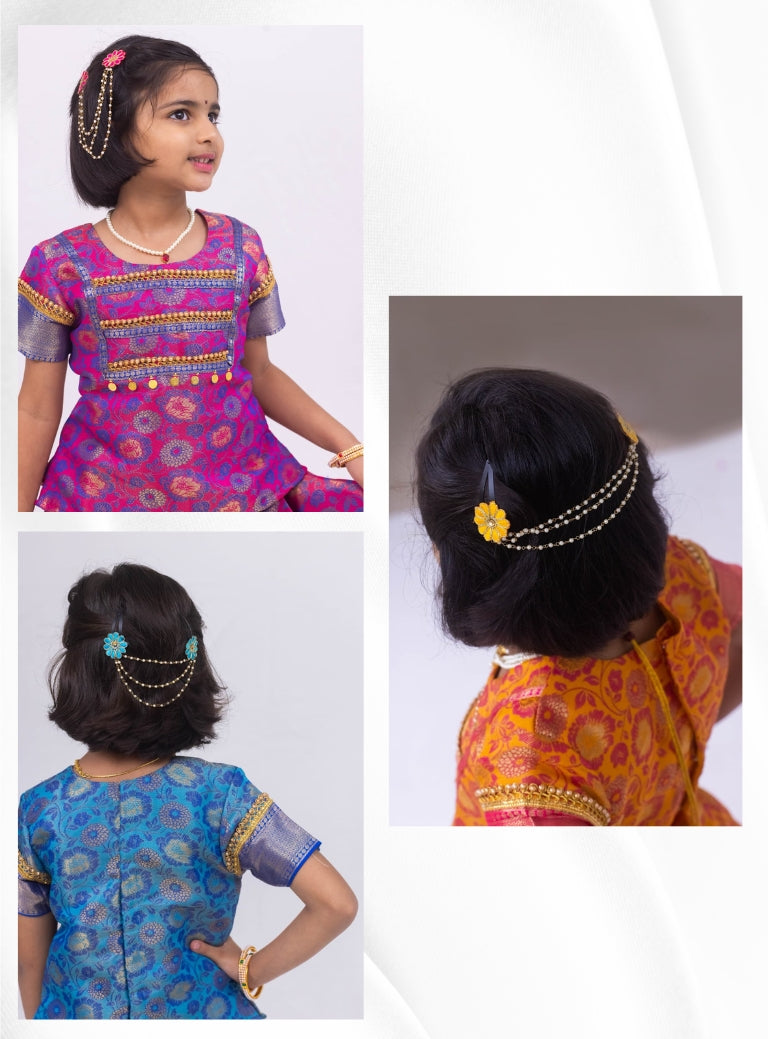 Yellow two flowers triple layer Pearl chain Hairclips for Girls