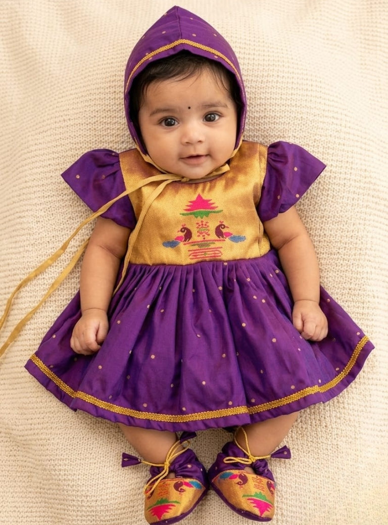 Radnyee Set - Purple Paithani Peacock Motif and delicate butta brocade silk,front open newborn dress for naming ceremony with coordinated bonnet, bloomer and booties