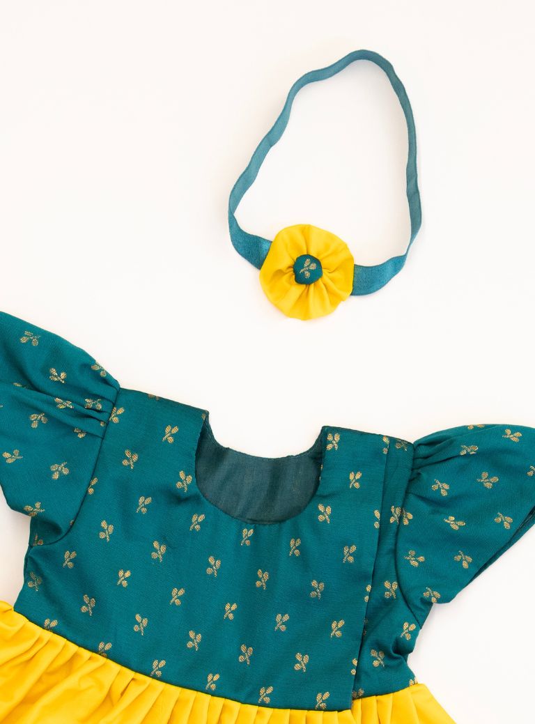 Anaya Set - Rama Green brocade with sunshine yellow malai silk front open flared newborn baby girl frock