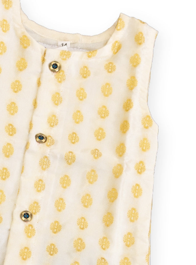 Daksh Set - Ivory brocade silk sleeveless vest with a blue cotton silk elastic waist short pants for newborn boy