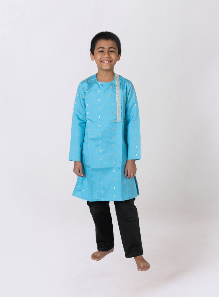 Sky Blue taffeta silk side placket kurta with sequined lace embellishment for Boys