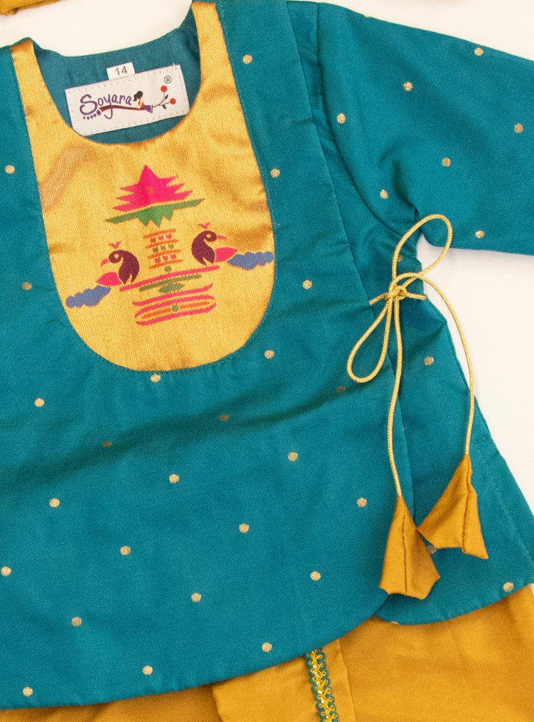 Rajas Set - Teal Blue brocade Angarakha kurta with intricate Peacock Paithani yoke teamed with golden pooja silk dhoti for newborn baby boy