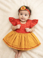 Anaya Red Brocade & Yellow Silk Baby Frock With Headband