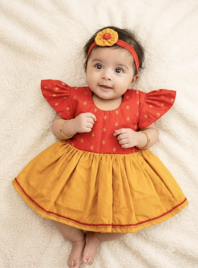 Anaya Red Brocade & Yellow Silk Baby Frock With Headband