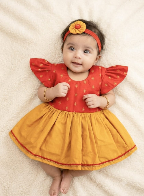 Anaya Red Brocade & Yellow Silk Baby Frock With Headband