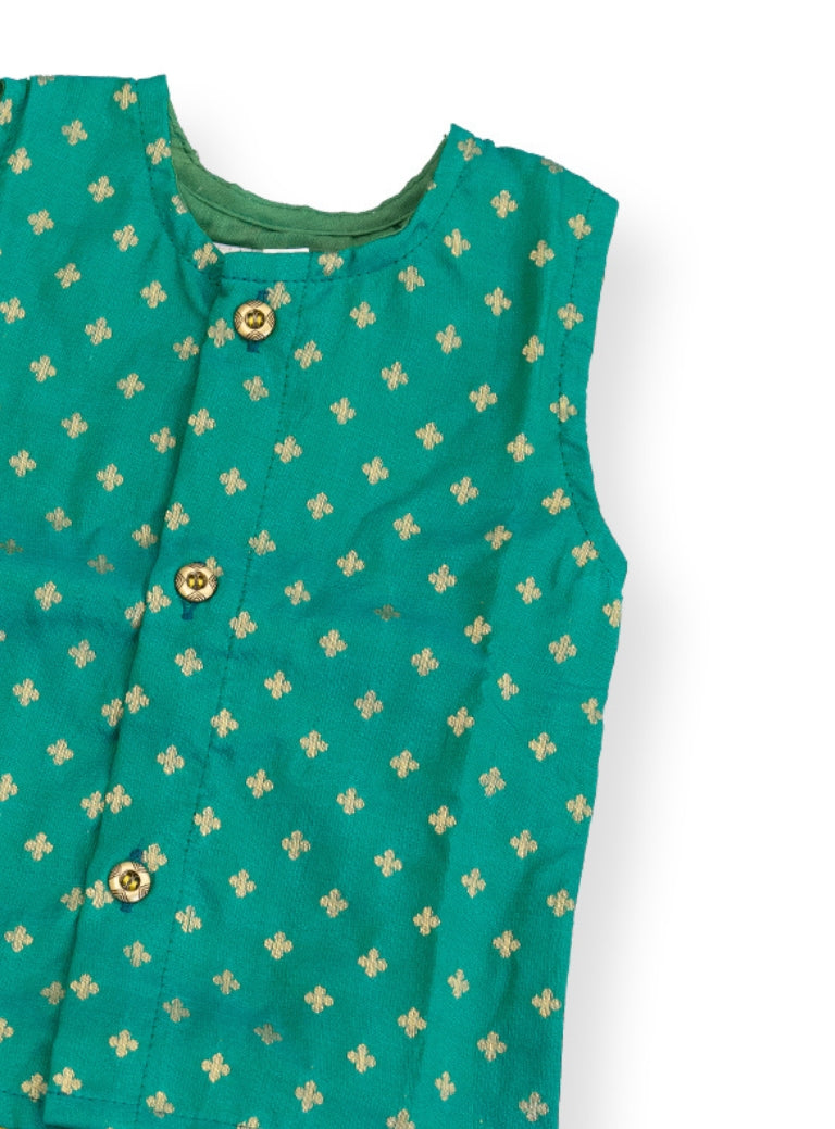 Daksh Set - Rama Green brocade silk sleeveless vest with a yellow cotton silk elastic waist short pants for newborn boy
