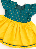 Anaya Rama Green Brocade & Yellow Silk Baby Frock With Headband