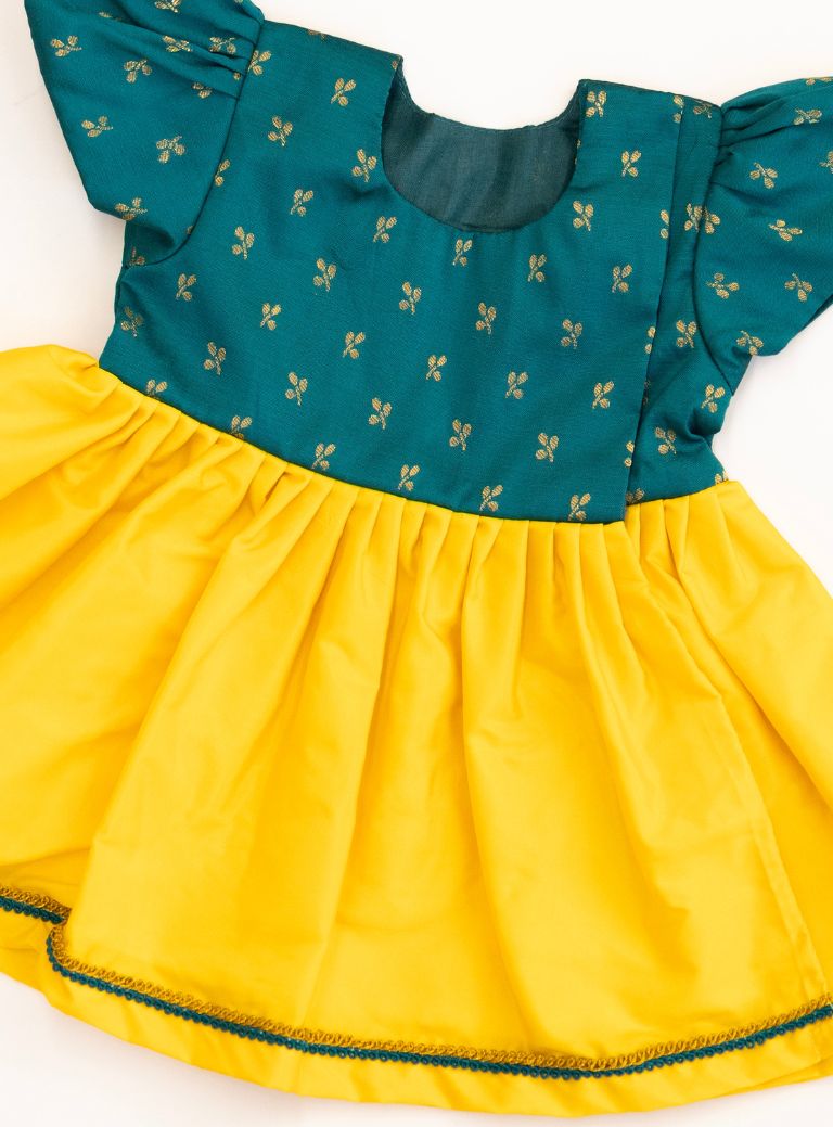 Anaya Set - Rama Green brocade with sunshine yellow malai silk front open flared newborn baby girl frock