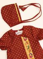 Kiran Set- Maroon Brocade Silk Jhabla Bonnet & Bloomer