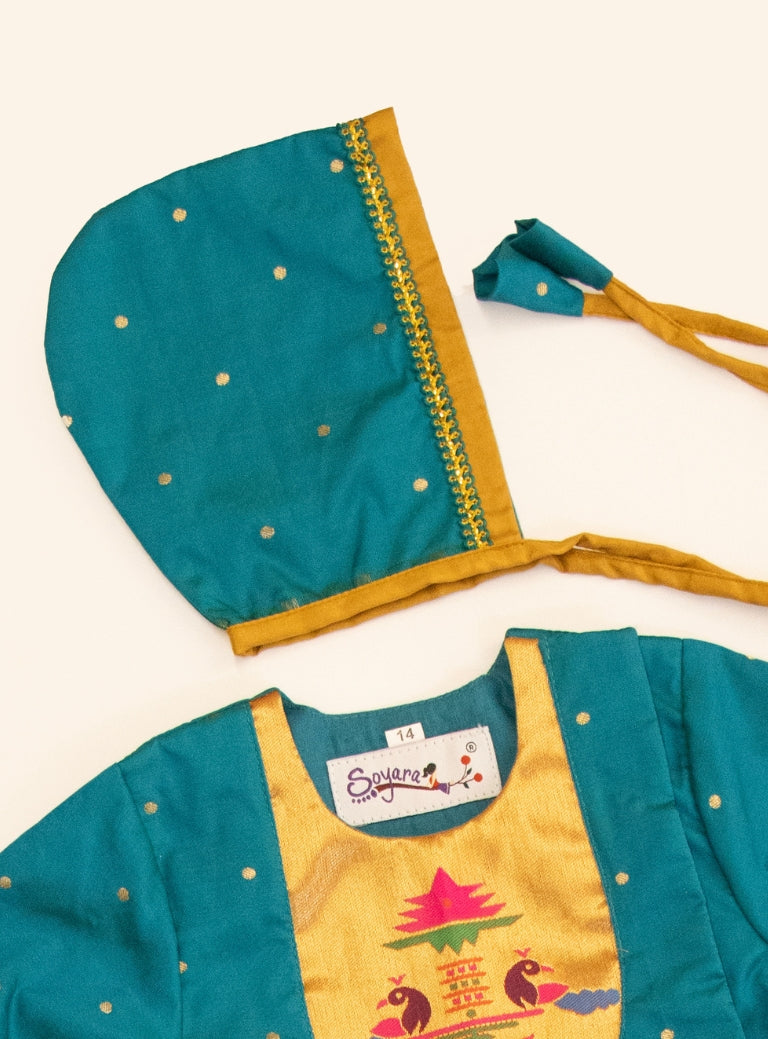 Rajas Set - Teal Blue brocade Angarakha kurta with intricate Peacock Paithani yoke teamed with golden pooja silk dhoti for newborn baby boy