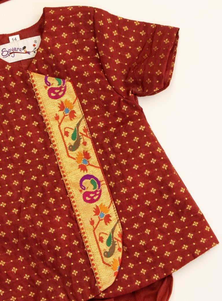 Kiran Set - Maroon Soft Brocade Silk front open Unisex Jhabala with intricate peacock paithani border teamed with matching bloomer and bonnet for newborn baby