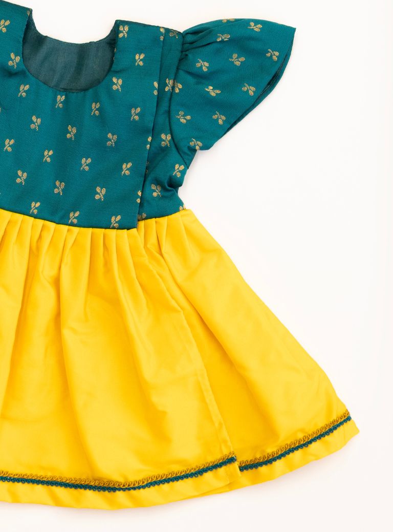 Anaya Set - Rama Green brocade with sunshine yellow malai silk front open flared newborn baby girl frock