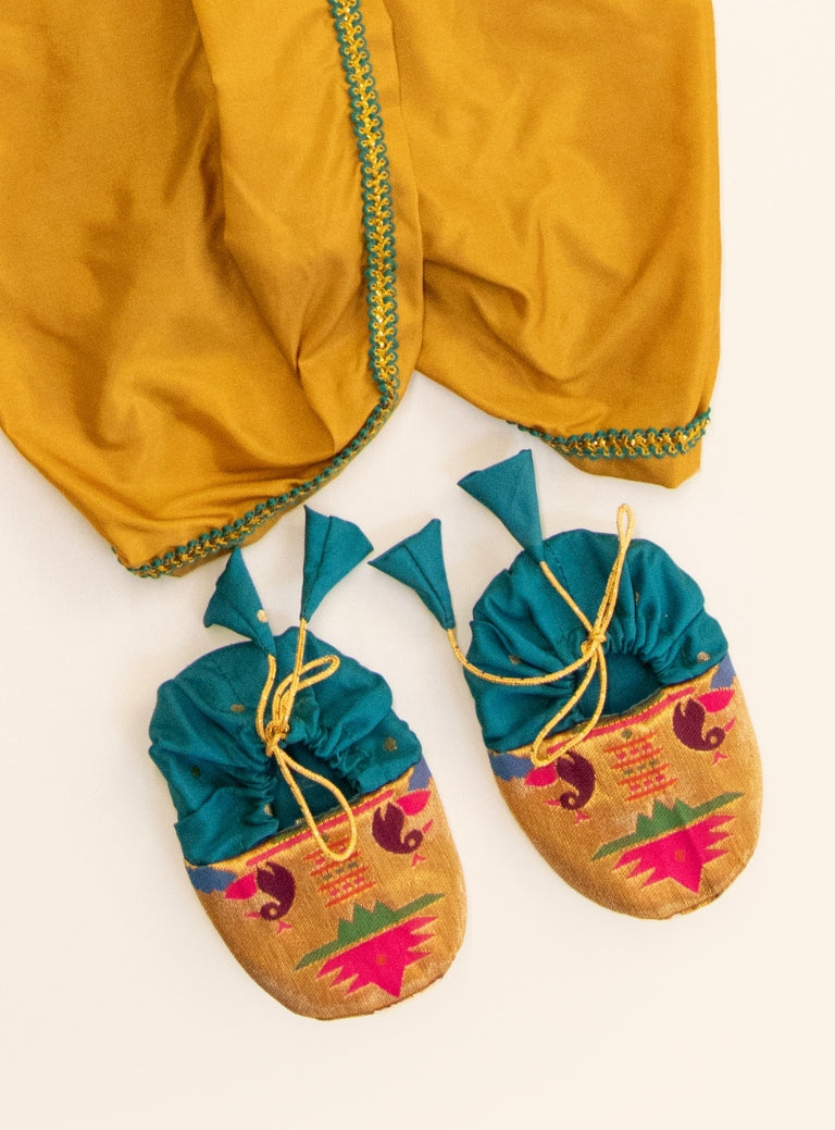 Rajas Set - Teal Blue brocade Angarakha kurta with intricate Peacock Paithani yoke teamed with golden pooja silk dhoti for newborn baby boy