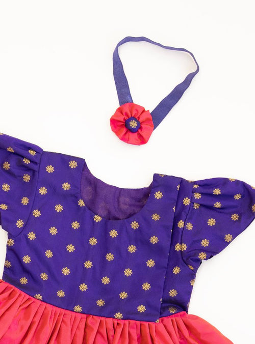 Anaya Set - Royal Purple brocade with Rani Pink malai silk front open flared newborn baby girl frock