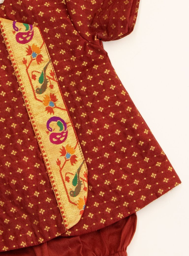 Kiran Set - Maroon Soft Brocade Silk front open Unisex Jhabala with intricate peacock paithani border teamed with matching bloomer and bonnet for newborn baby