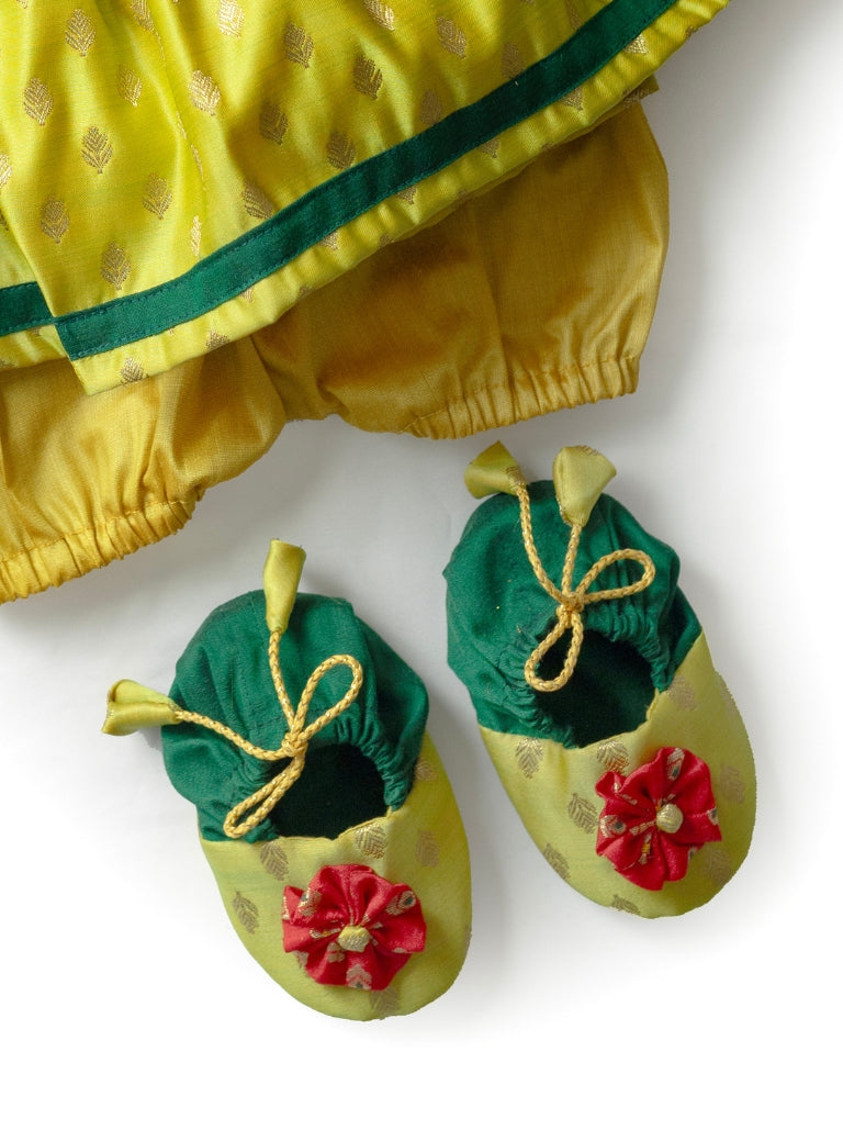 Chaitra set - Fresh Olive Premium Banaras brocade silk front open dress with curved neckline and handmade fabric flower embellishments for New born baby girl