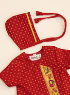 Kiran Set- Scarlet Brocade Silk Jhabla Bonnet & Bloomer