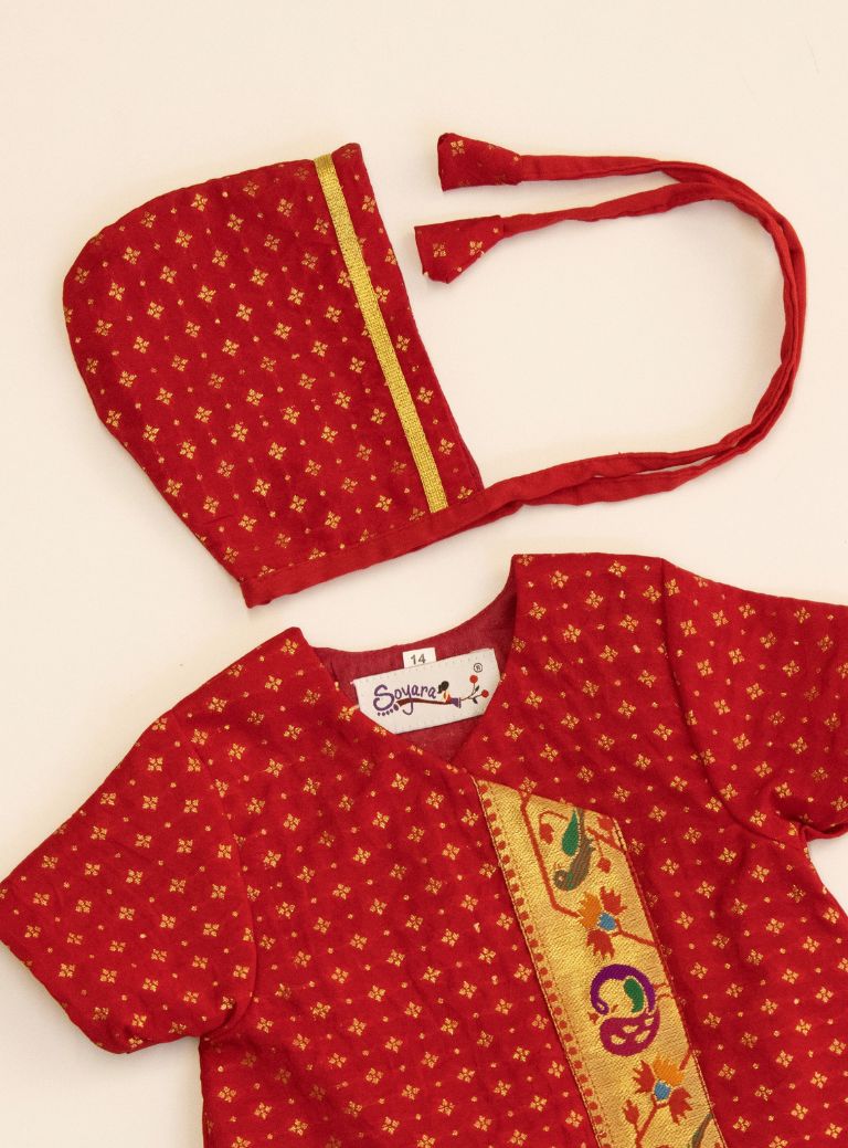 Kiran Set - Scarlet Soft Brocade Silk front open Unisex Jhabala with intricate peacock paithani border teamed with matching bloomer and bonnet for newborn baby