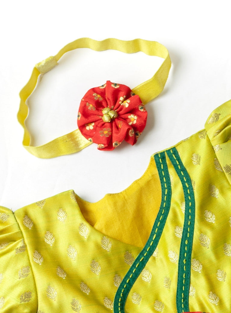 Chaitra set - Fresh Olive Premium Banaras brocade silk front open dress with curved neckline and handmade fabric flower embellishments for New born baby girl