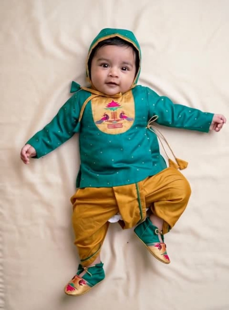 Rajas Set - Teal Blue brocade Angarakha kurta with intricate Peacock Paithani yoke teamed with golden pooja silk dhoti for newborn baby boy