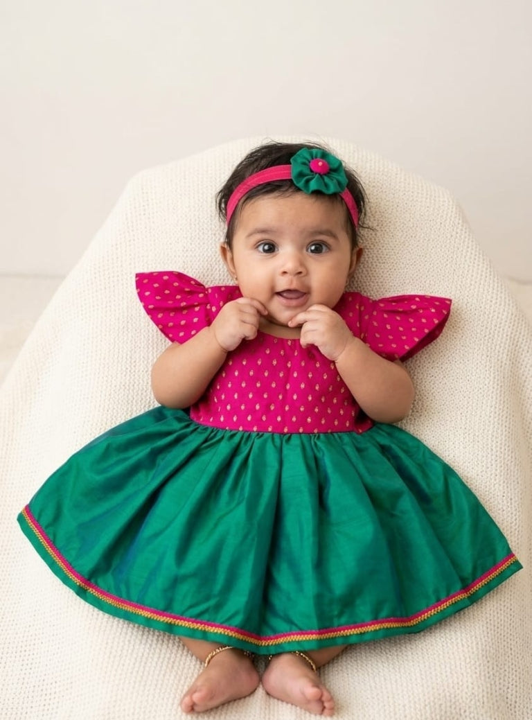 Anaya Magenta Brocade & Green Silk Frock With Headband