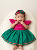 Anaya Magenta Brocade & Green Silk Frock With Headband