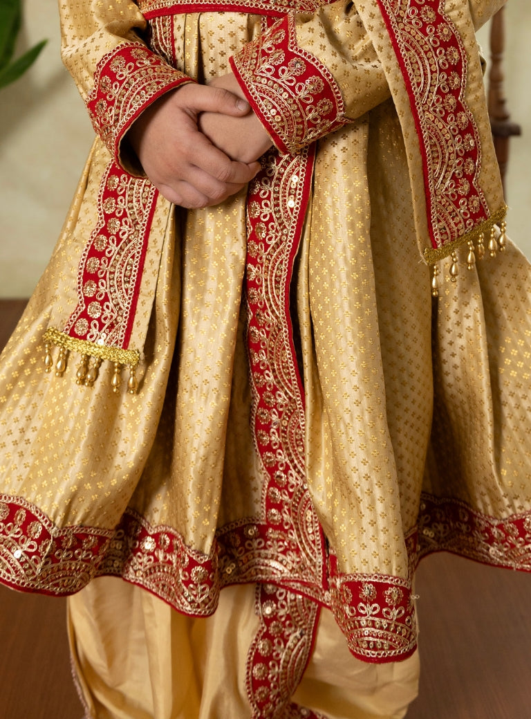 Golden premium banarasi brocade silk Peshwai kurta and dhoti set with premium red sequined lace for Batu