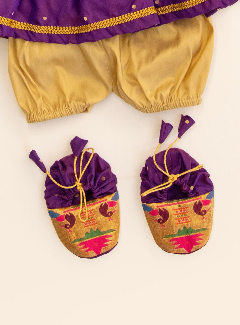 Radnyee Set - Purple Paithani Peacock Motif and delicate butta brocade silk,front open newborn dress for naming ceremony with coordinated bonnet, bloomer and booties