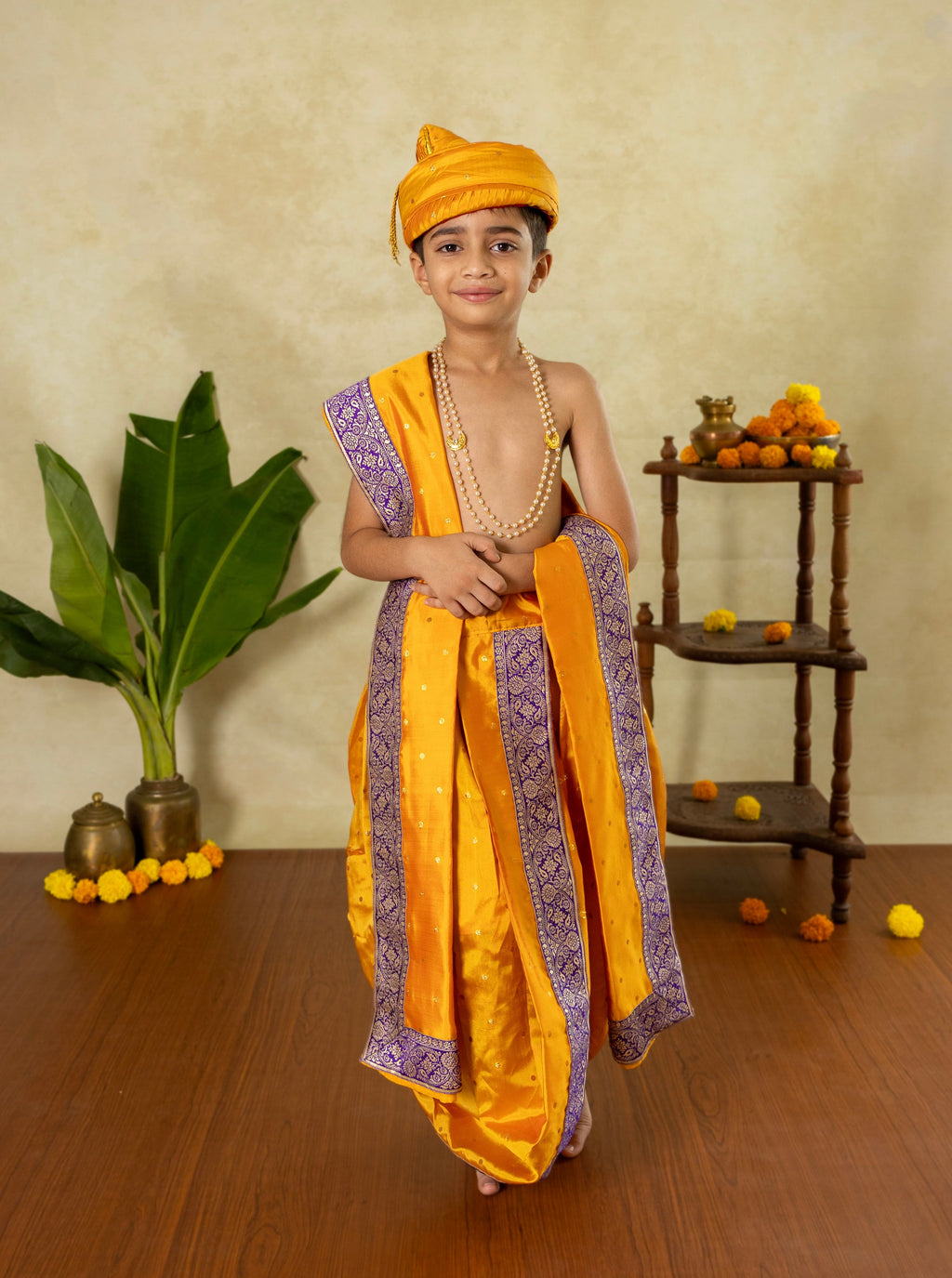 Mango Yellow soft taffeta silk Sovale uparane dhoti set with intricate purple banarasi border for Batu