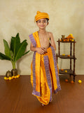 Mango Yellow soft taffeta silk Sovale uparane dhoti set with intricate purple banarasi border for Batu