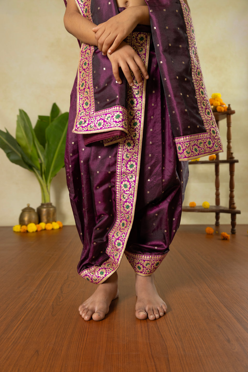 Wine satin taffeta Silk Sovale uparane dhoti set with intricate banarasi magenta border for Batu