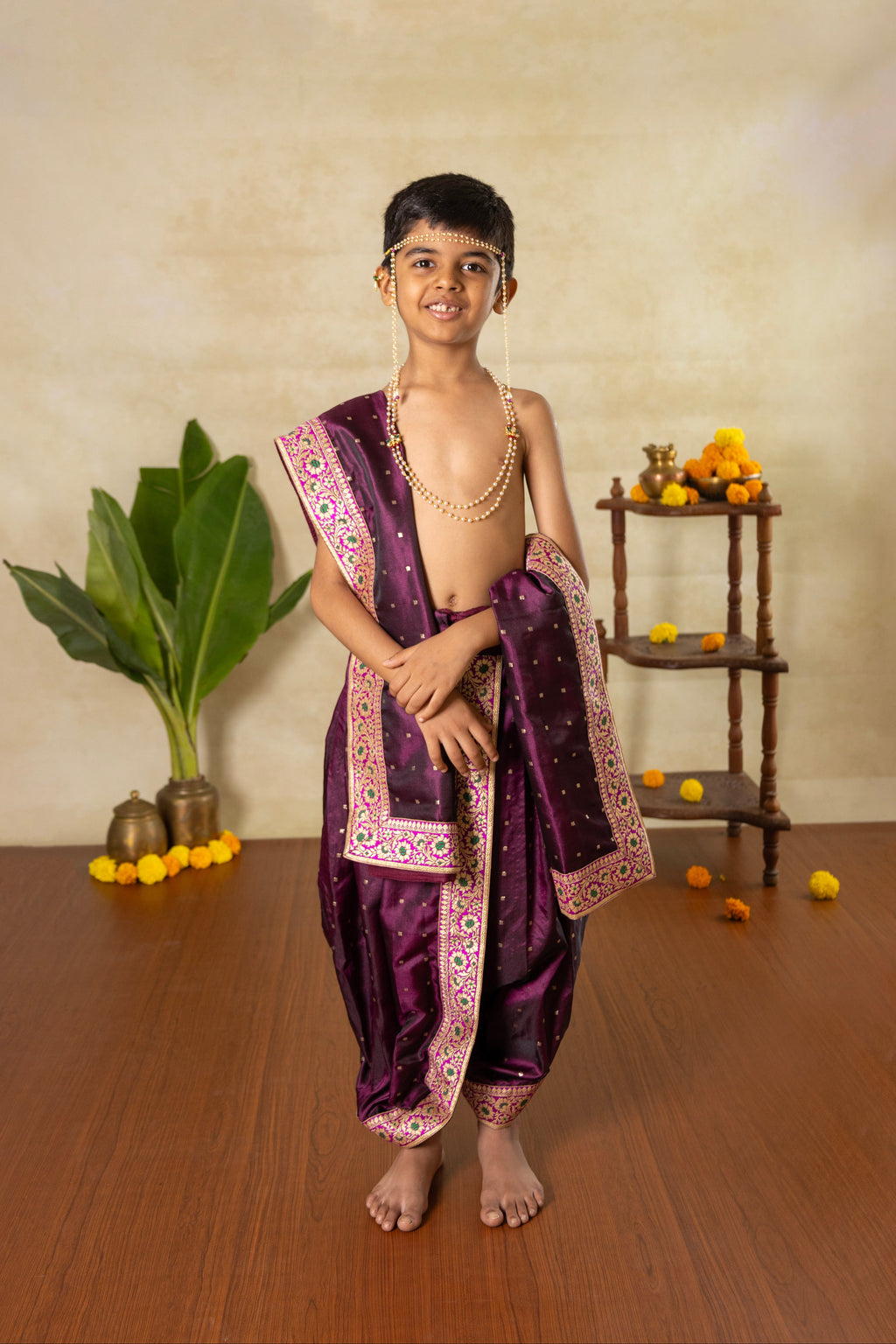 Wine satin taffeta Silk Sovale uparane dhoti set with intricate banarasi magenta border for Batu