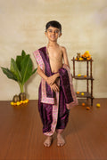 Wine satin taffeta Silk Sovale uparane dhoti set with intricate banarasi magenta border for Batu