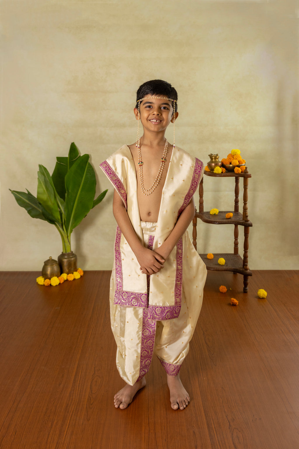 Ivory taffeta Silk Sovale uparane dhoti set with intricate magenta banarasi border for Batu