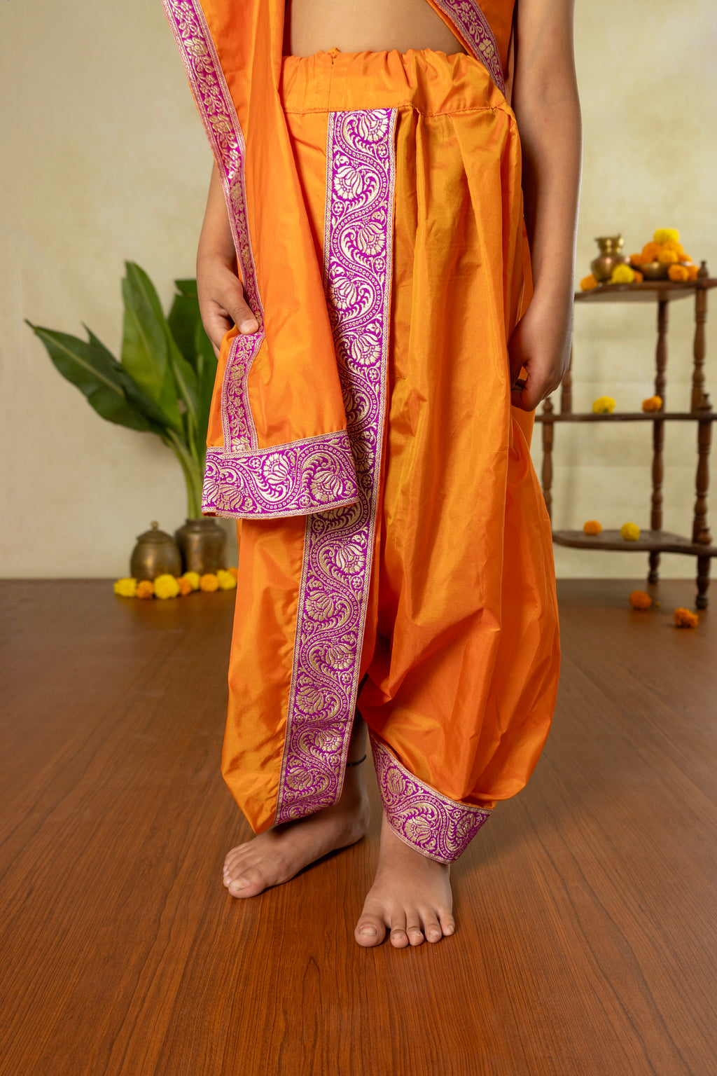 Saffron orange mysore silk sovale Uparane set with dainty magenta banarasi border for Batu