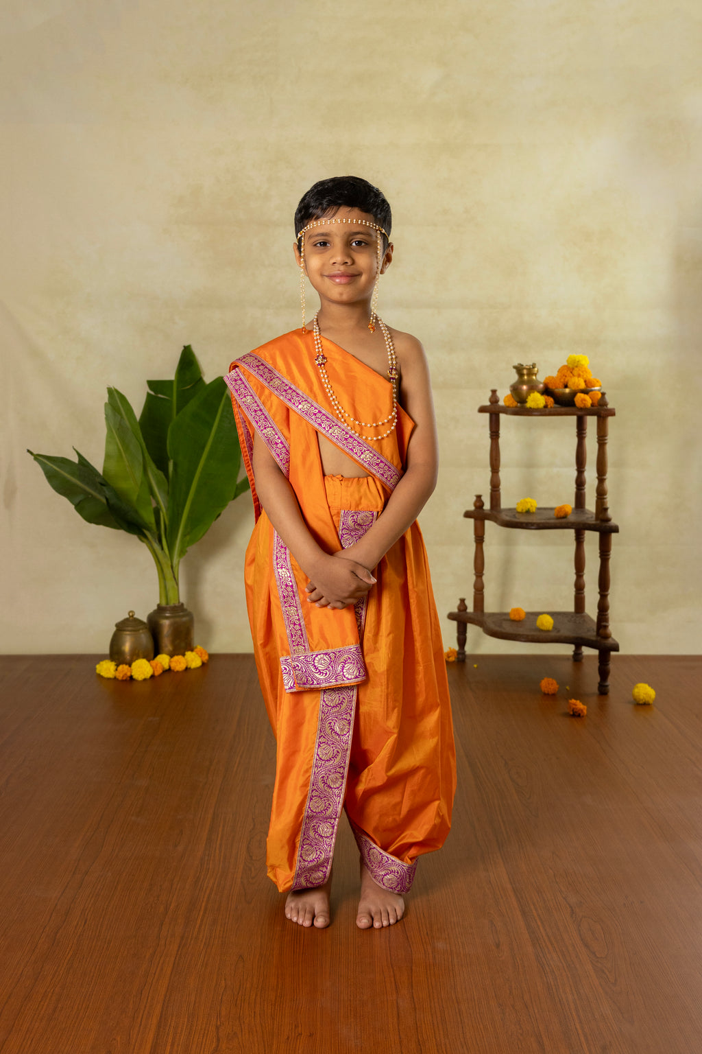 Saffron orange mysore silk sovale Uparane set with dainty magenta banarasi border for Batu