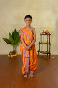 Saffron orange mysore silk sovale Uparane set with dainty magenta banarasi border for Batu