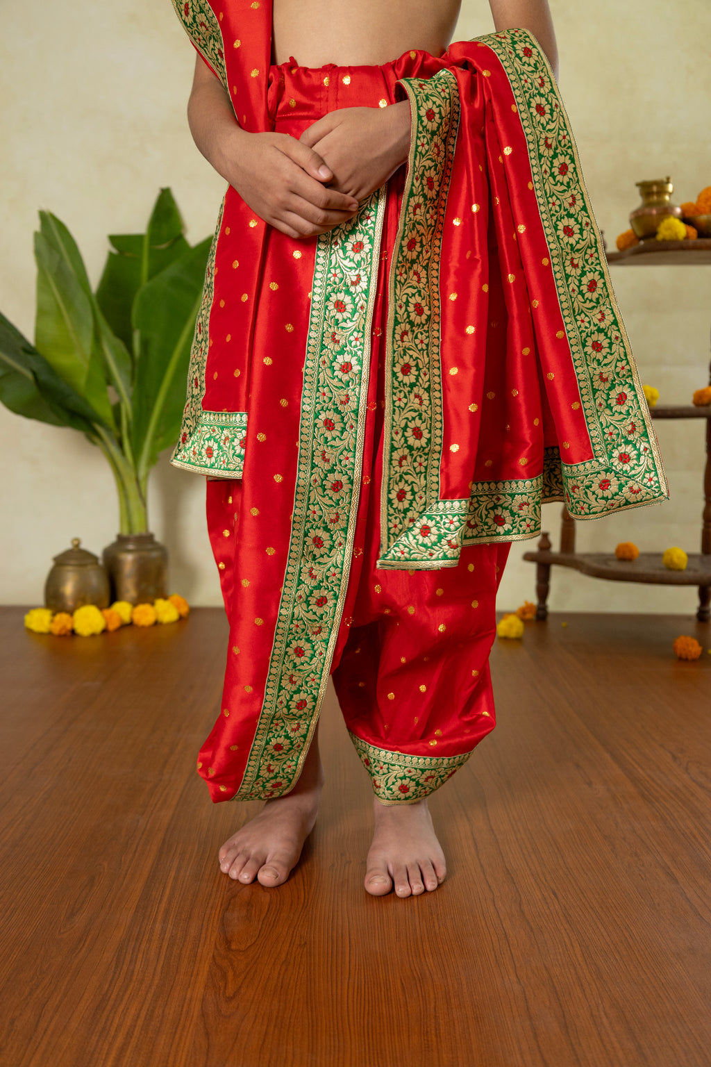 Red taffeta Silk Sovale uparane dhoti set with intricate green red banarasi border for Batu